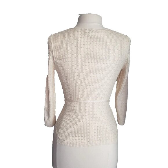 Ann Taylor Silk Beaded Belted V-Neck 3/4 Sleeve Faux Wrap Ivory Pullover - Picture 3 of 12
